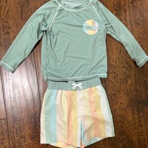 Kids' Green Rash Guard and Striped Swim Shorts